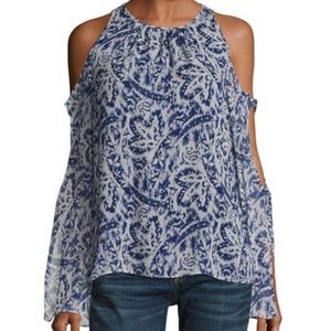 RAMY BROOK Norma Cold-Shoulder Top Blue and White Silk Blouse Top S